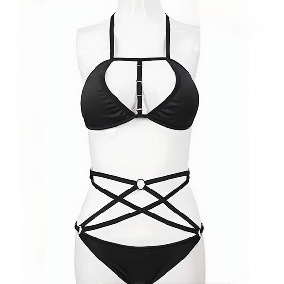Black Strappy Bikini Set – Halter Neck & Crisscross O-Ring by Devil’s Fashion - Picture 4 of 4